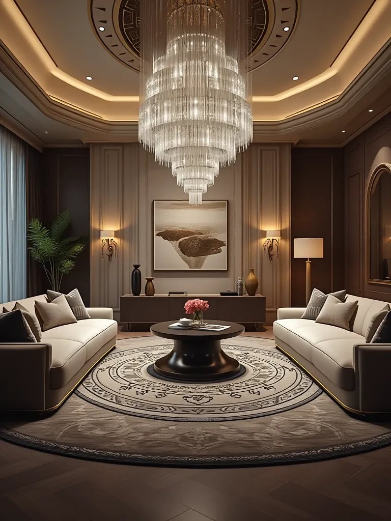 Opulent living room featuring custom circular rug with mandala pattern