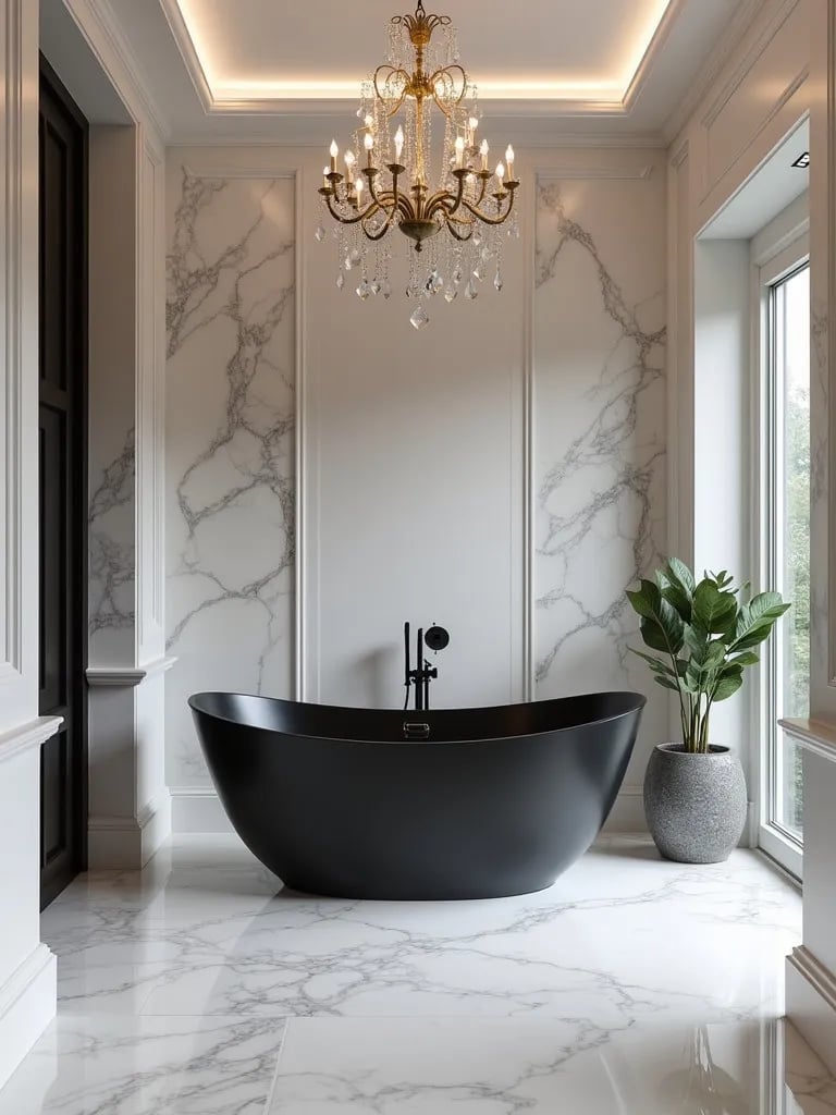 Opulent modern bathroom with black tub, marble walls, and chandelier