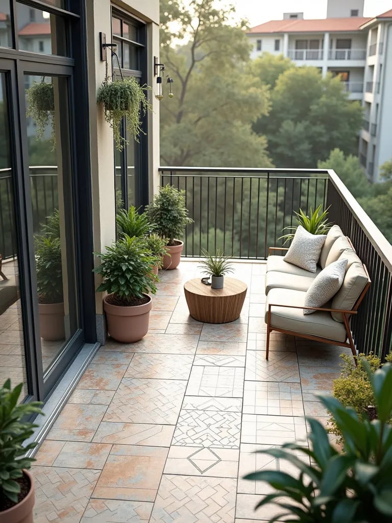 Overhead view of balcony with patterned tiles and hanging plants