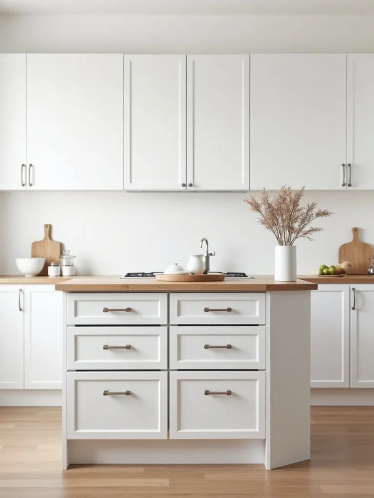 Overhead view of minimalist Scandinavian kitchen island with storage