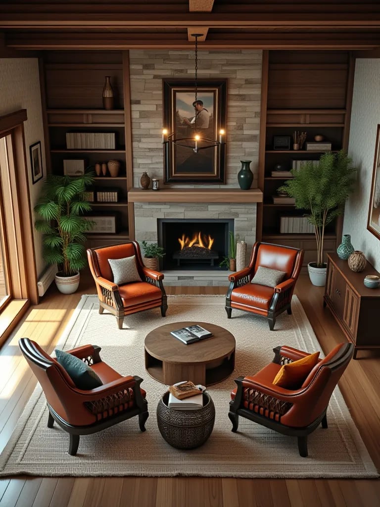 Overhead view of rustic living room with reclaimed wood wall and textured furnishings