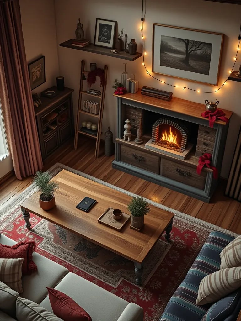 Overhead view of rustic living room with string lights and ladder shelf