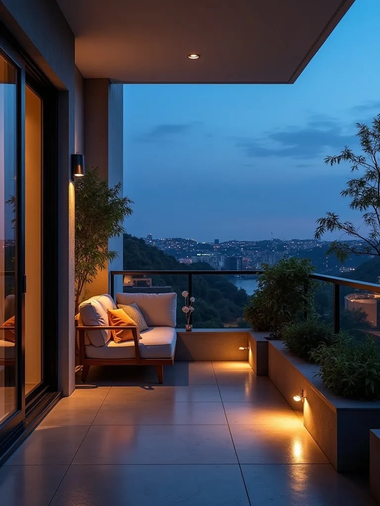 Panoramic view of balcony with distinct lighting areas for different activities