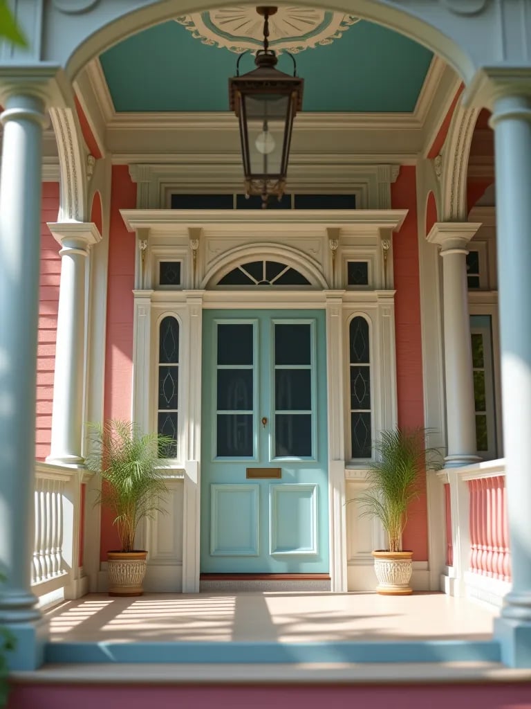 Pastel painted Victorian porch with decorative ceiling and intricate details