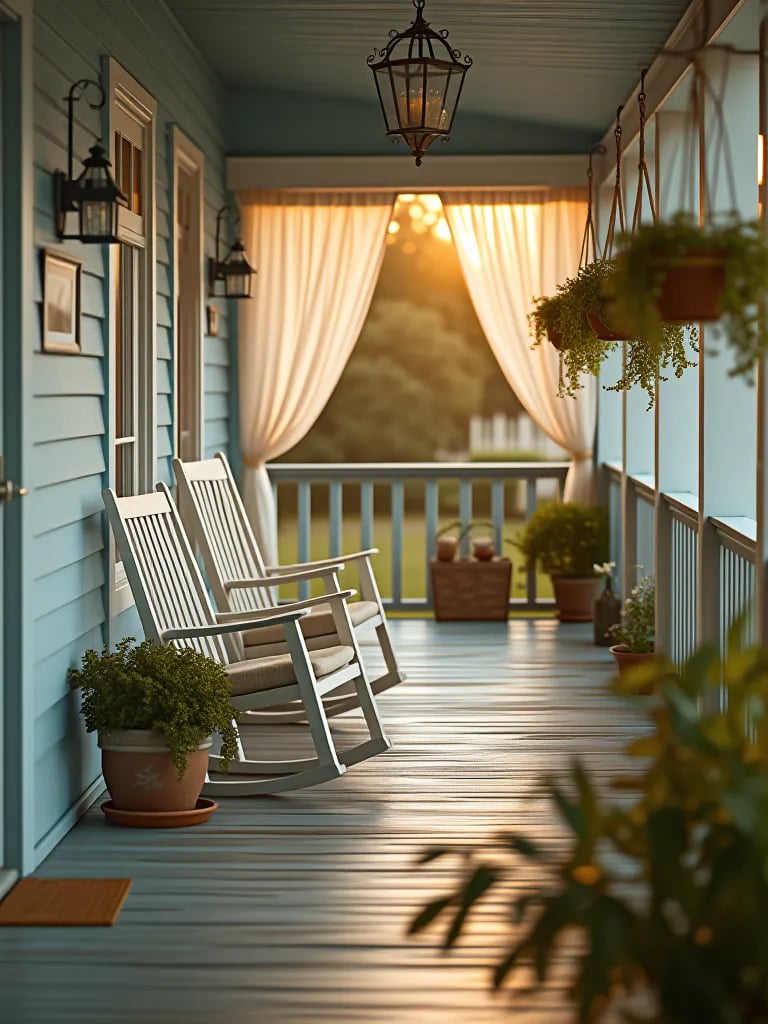Peaceful blue painted porch with comfortable seating and lush greenery