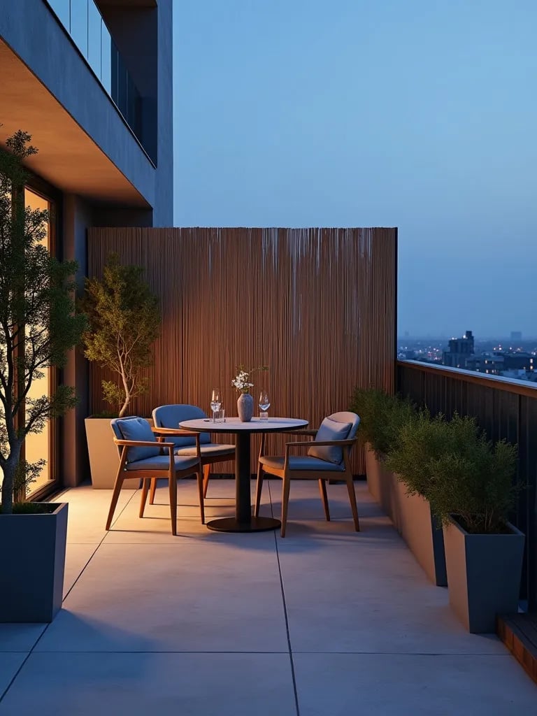Peaceful minimalist balcony design with simple furniture and screens