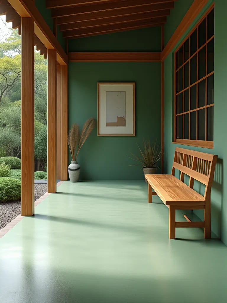 Porch with floor painted like blue and sand driftwood planks, viewed from garden