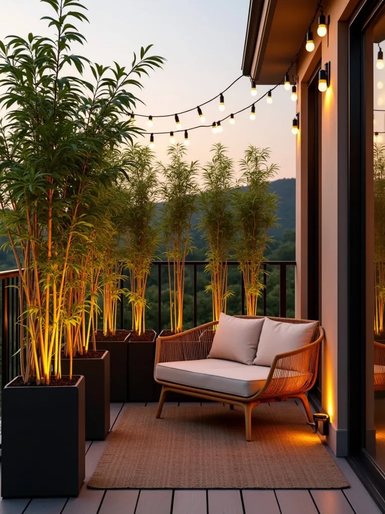 Private balcony with tall bamboo plants, warm lighting, and comfortable seating