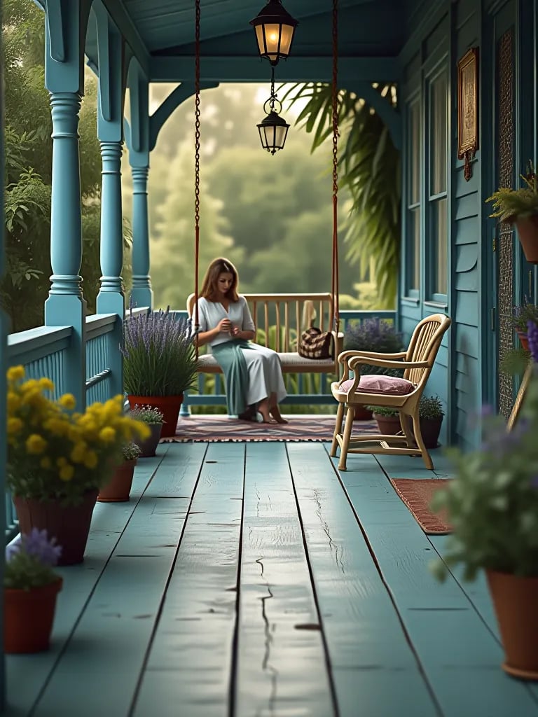 Quaint cottage porch with distressed blue floor and vintage swing in morning light