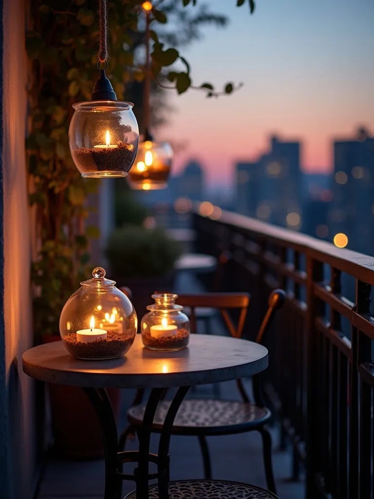 Romantic balcony with candles, glass terrariums, and city skyline view