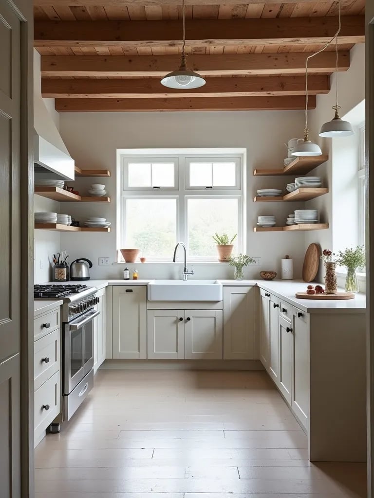 Rustic Scandinavian kitchen with wooden beams and farmhouse sink