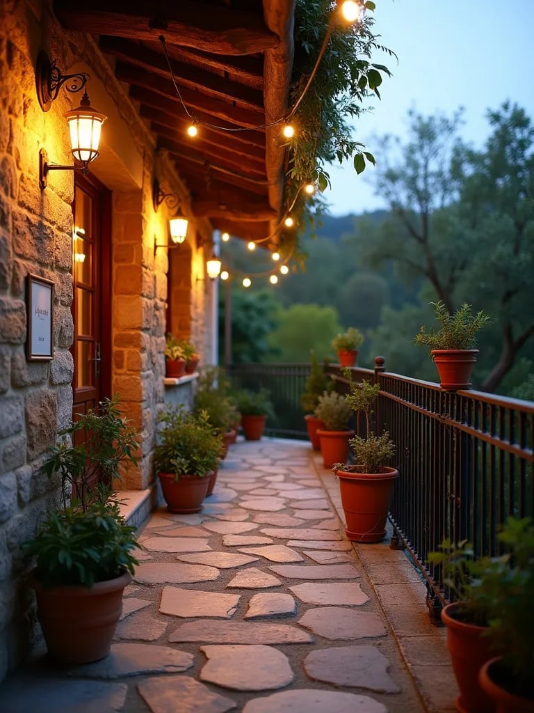 Rustic balcony with stone flooring and Mediterranean decor at dusk