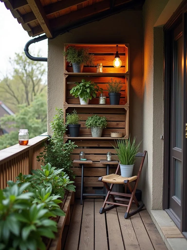 Rustic balcony with wooden crate shelves, mason jar lights, and herbs