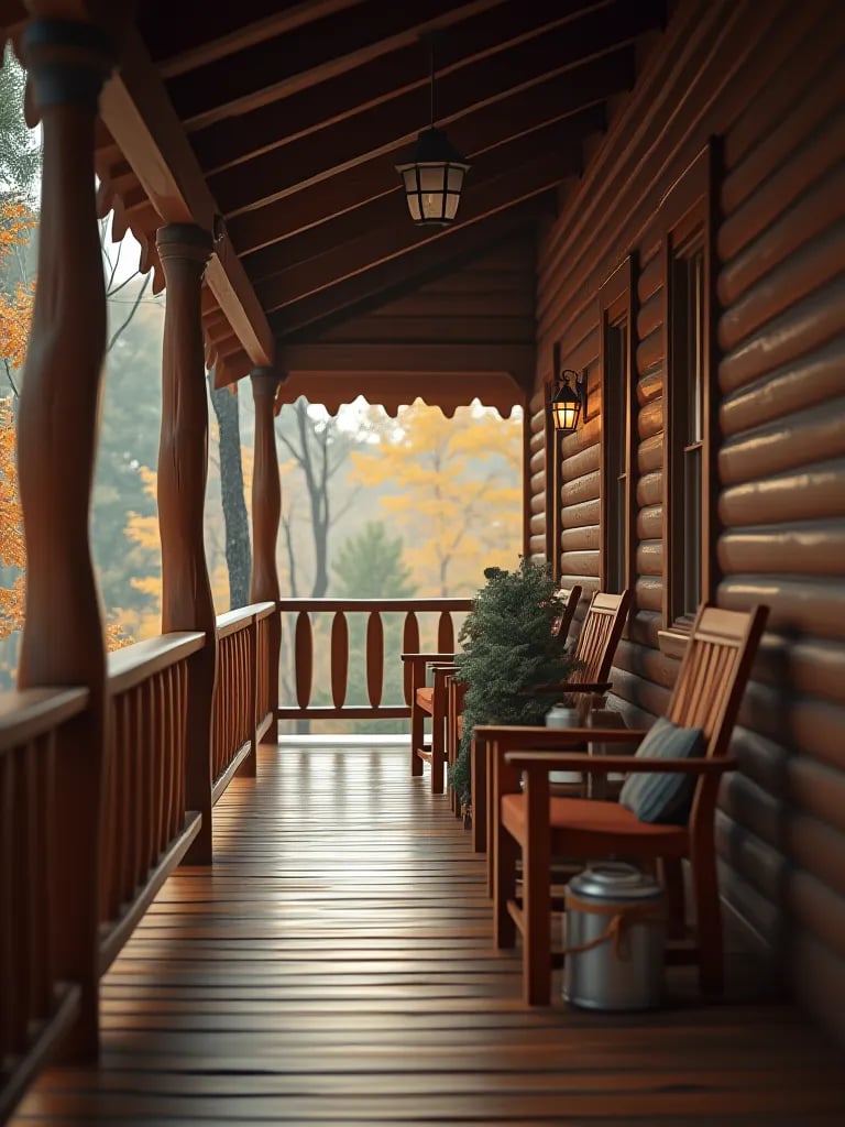 Rustic cabin porch with brown decking and wood railings in autumn