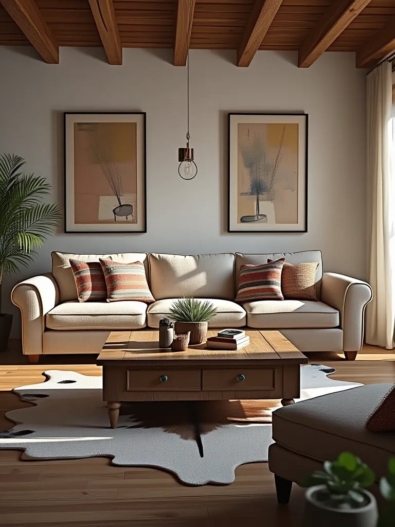 Rustic industrial living room with barn door, brick walls, and metal shelving