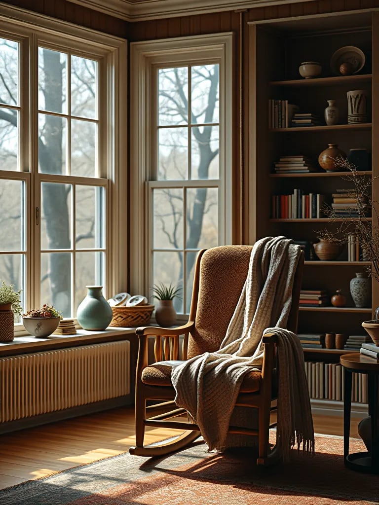 Rustic living room corner with rocking chair, throw, and built in bookshelf