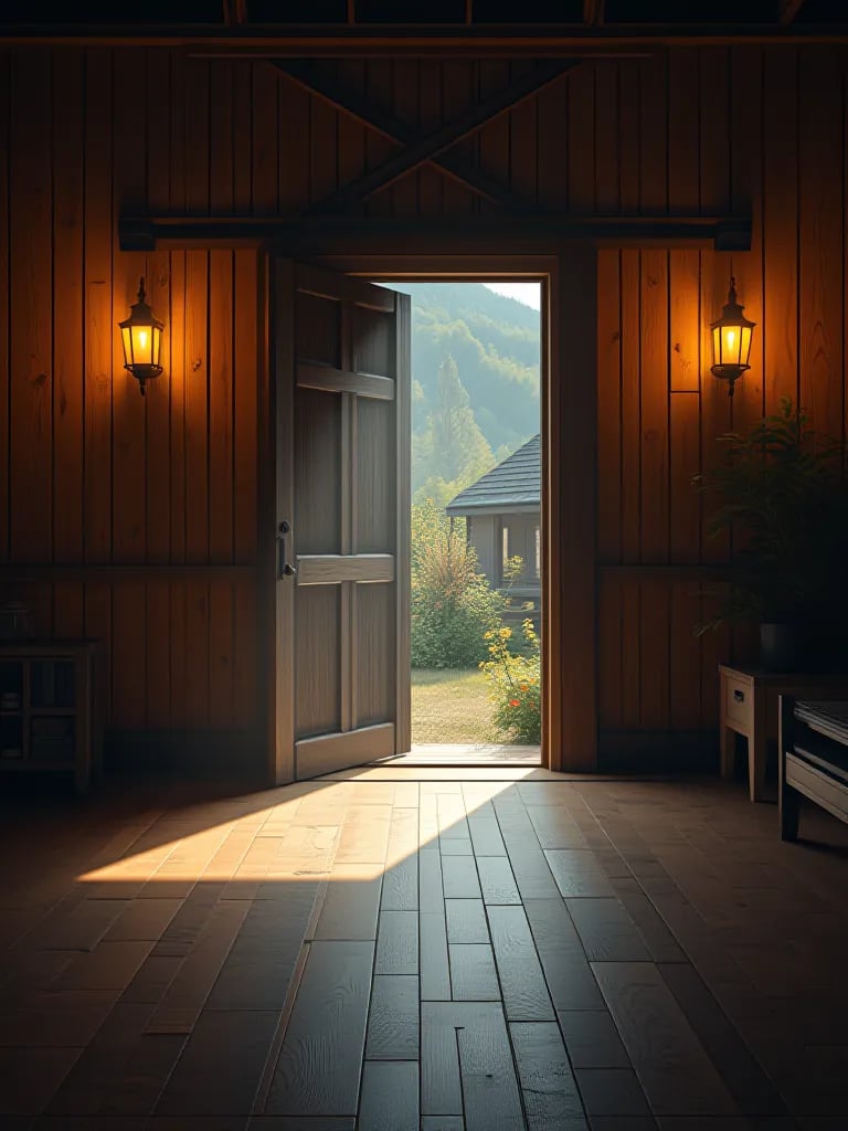 Rustic living room entrance with lit barn door and lantern sconces