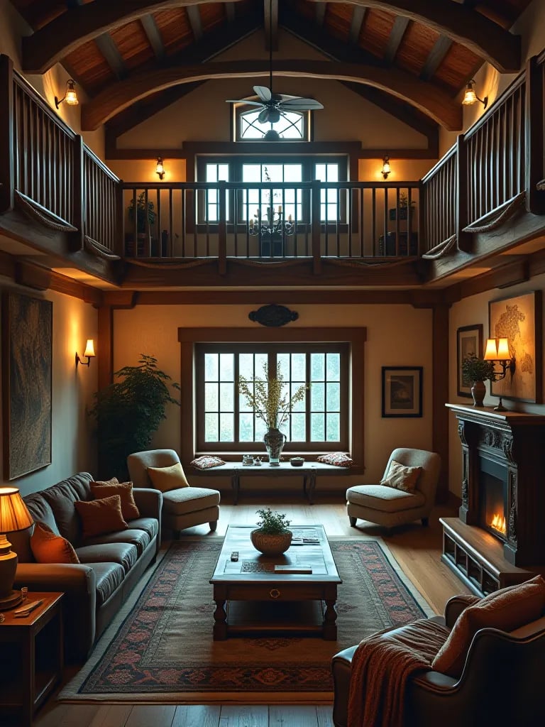 Rustic living room loft with rope wrapped beam lights