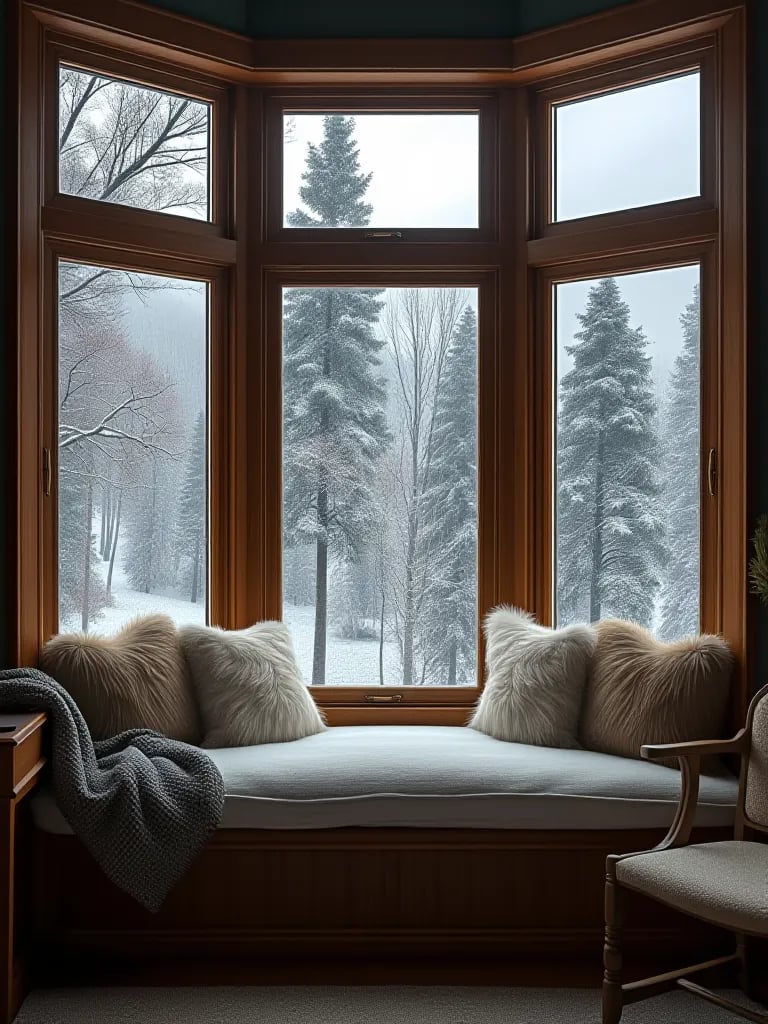 Rustic living room nook with bay window, window seat, and snowy forest view