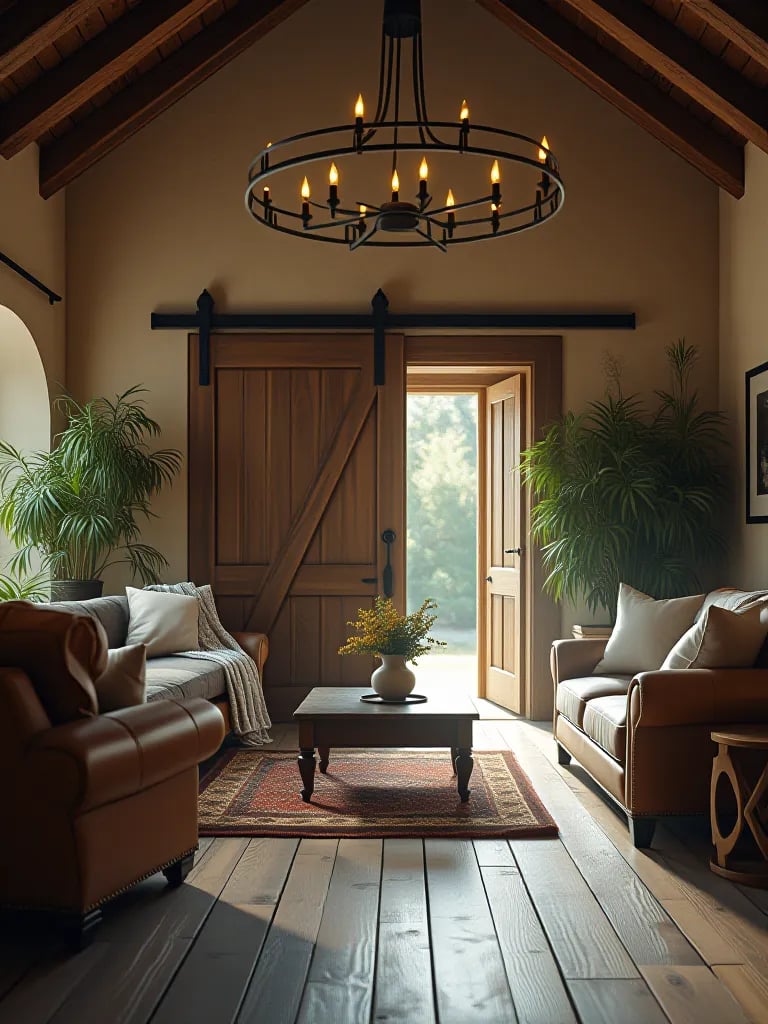 Rustic living room with barn door and mixed upholstery furniture