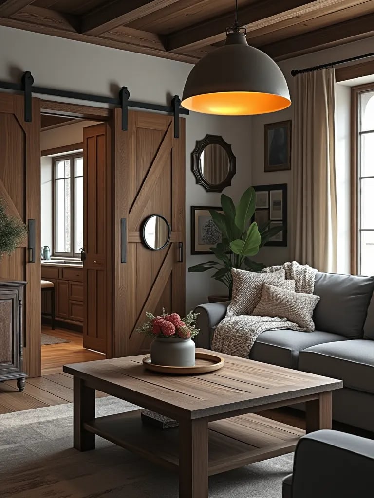 Rustic living room with barn doors, mirror gallery, and industrial lighting