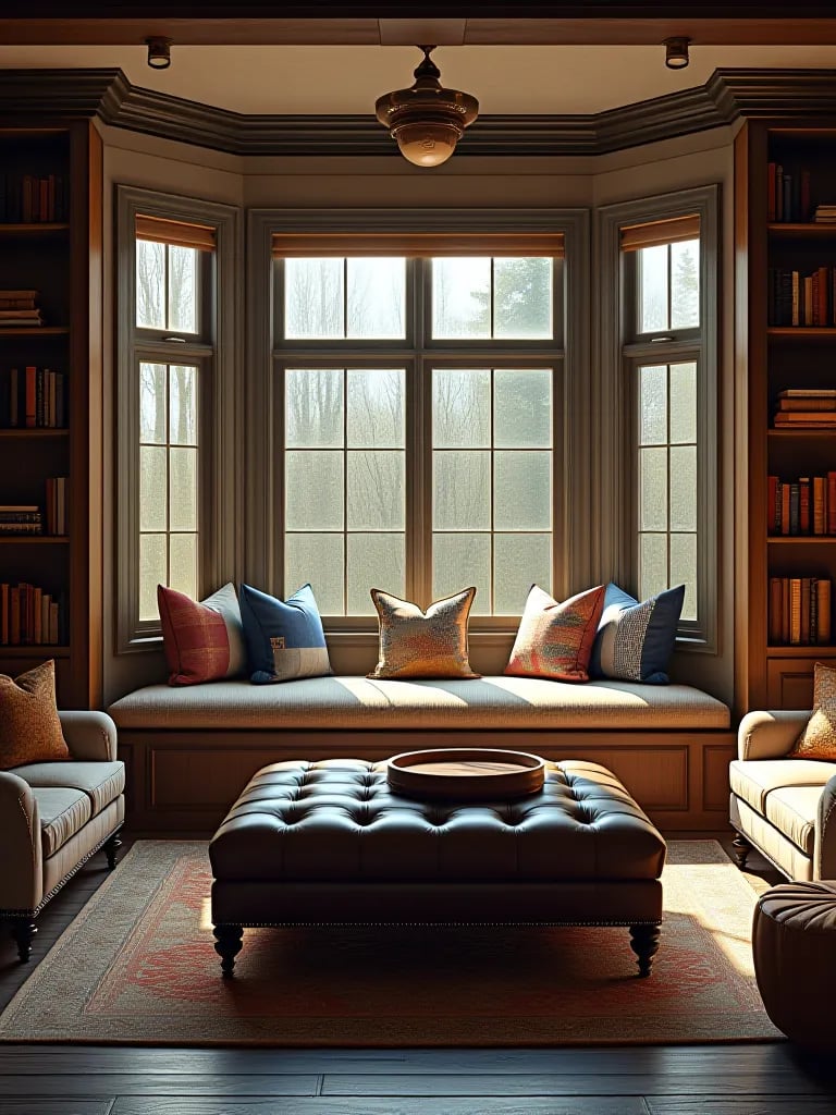 Rustic living room with bay window seat, bookshelves, and leather ottoman