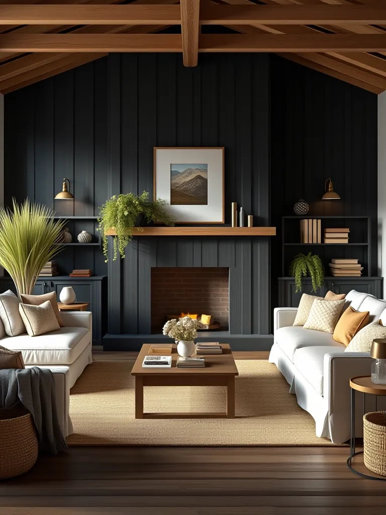 Rustic living room with black accent wall, white furniture, and wood elements