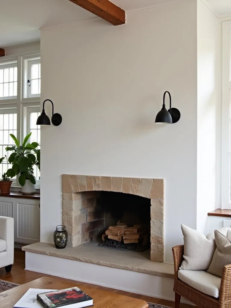 Rustic living room with black gooseneck wall sconces framing a stone fireplace