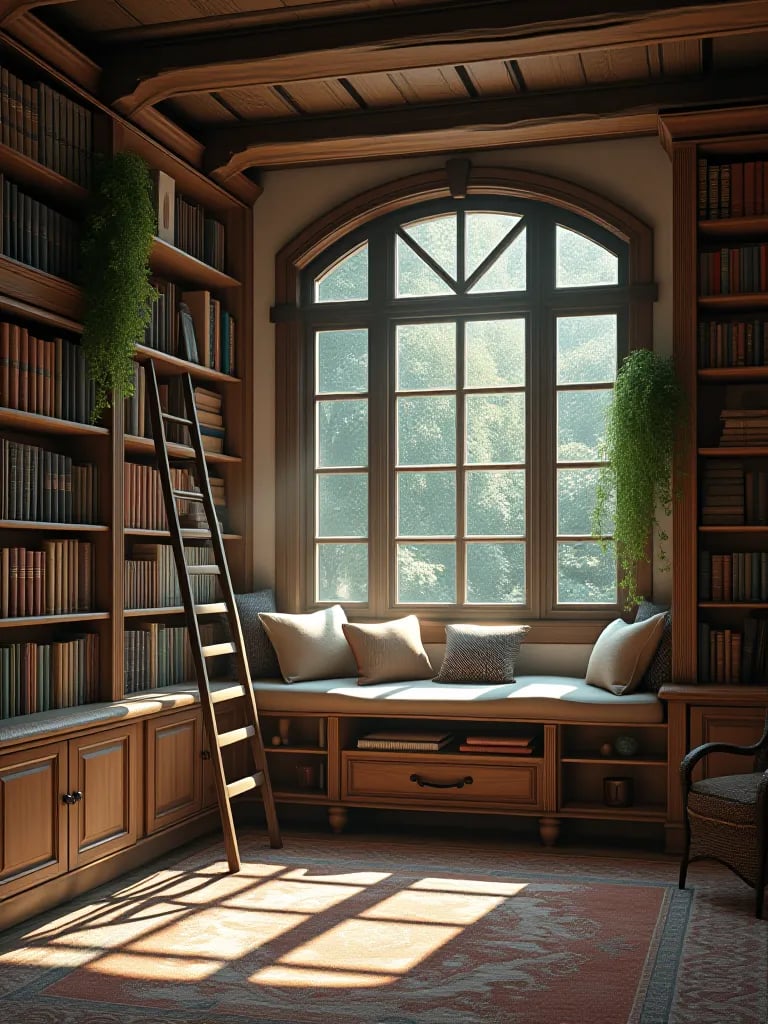 Rustic living room with built in bookshelves, library ladder, and window seat