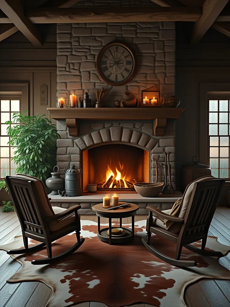 Rustic living room with cowhide rug and antique farm tool decor