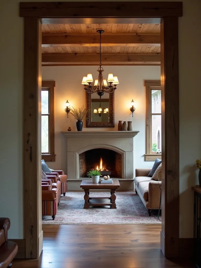 Rustic living room with fireplace, wall sconces, and iron chandelier