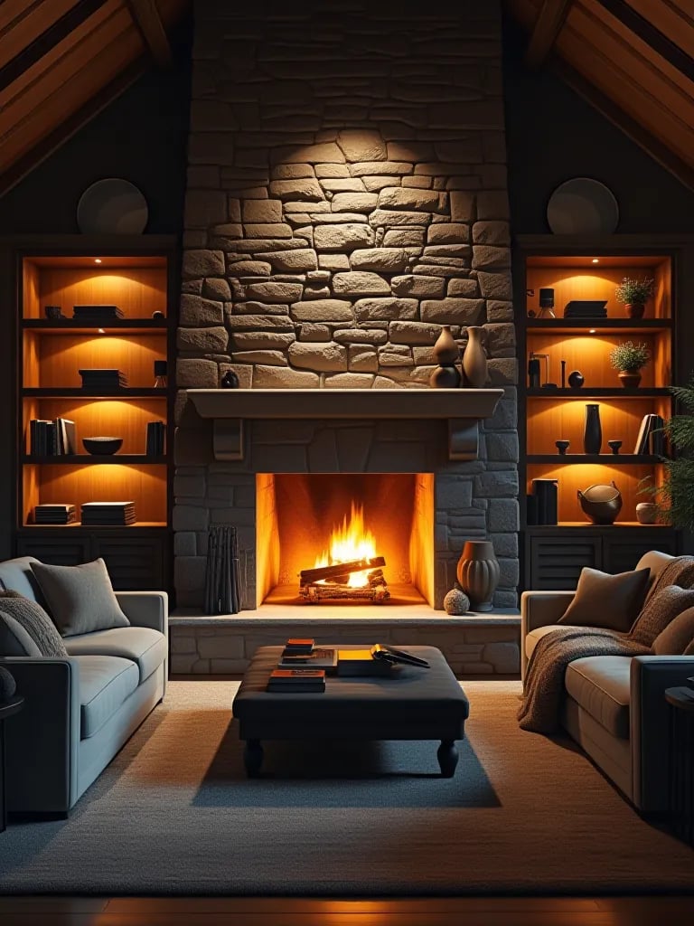 Rustic living room with glowing fireplace and illuminated shelves