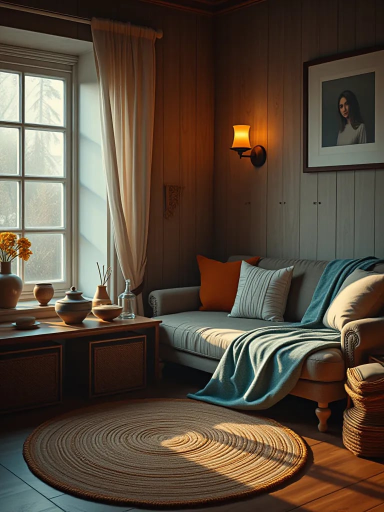 Rustic living room with lit window seat nook and vintage wall sconce