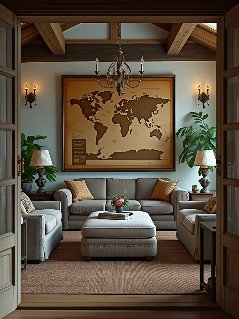 Rustic living room with mixed furniture styles, plants, and large ottoman