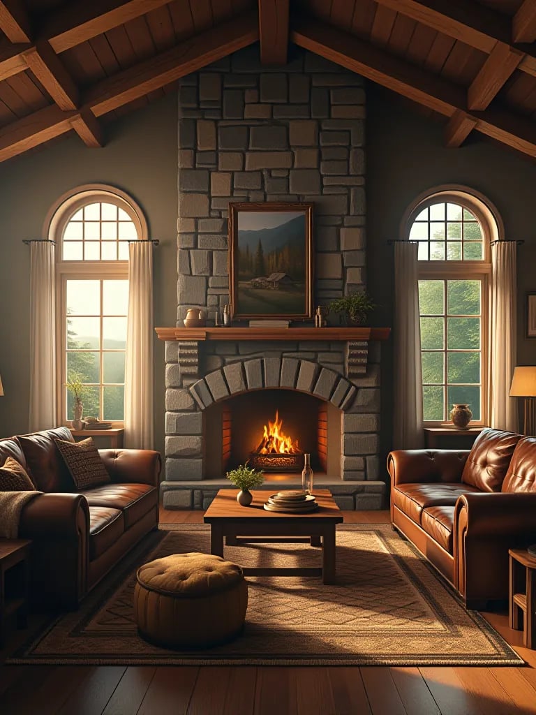 Rustic living room with stone fireplace, wooden beams, and leather sofa