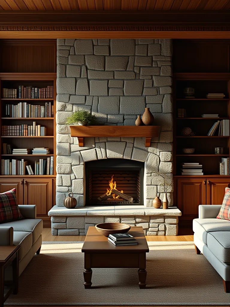 Rustic living room with stone fireplace, wooden bookshelves, and plaid window seat in soft light