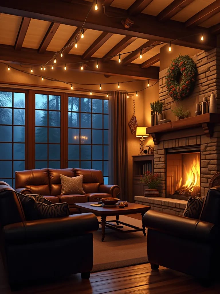 Rustic living room with string lights and glowing fireplace