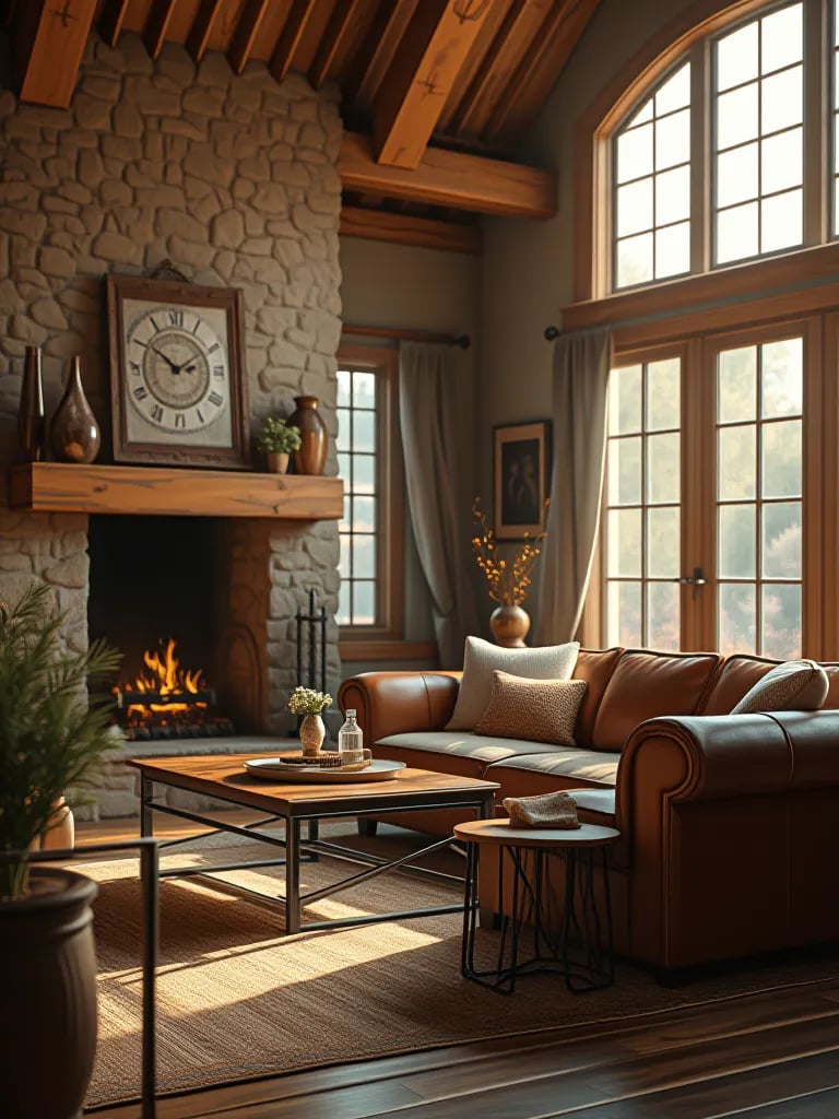 Rustic living room with wooden beams, stone fireplace, and leather furniture in warm lighting