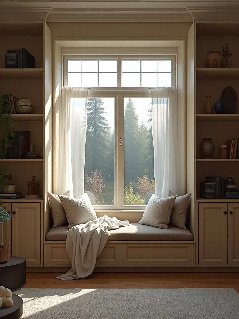 Rustic modern living room nook with window seat and floating shelves