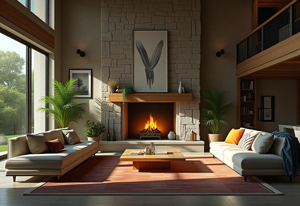 Rustic modern living room with stone fireplace and minimalist furniture