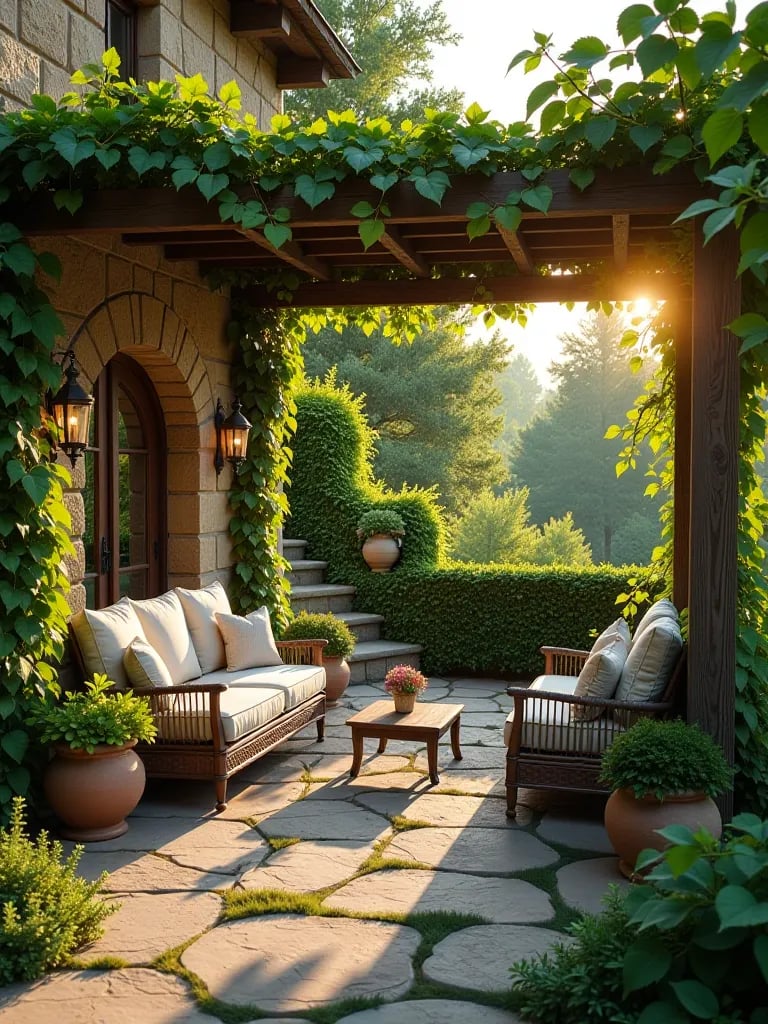 Rustic stone patio with pergola, vines, and outdoor furniture during golden hour