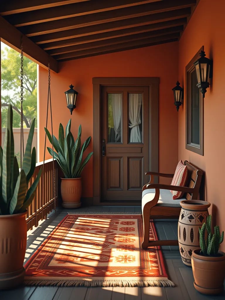 Rustic terracotta back porch with wooden swing and Southwestern decor