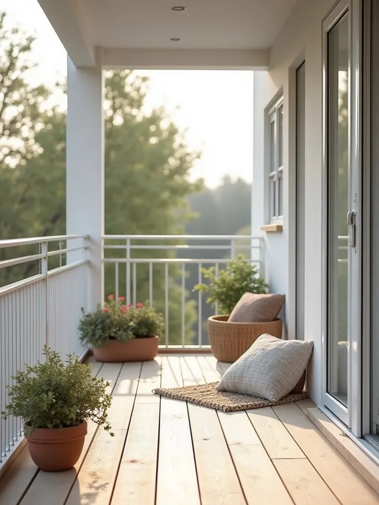 Scandinavian balcony with light vinyl plank flooring and minimalist decor