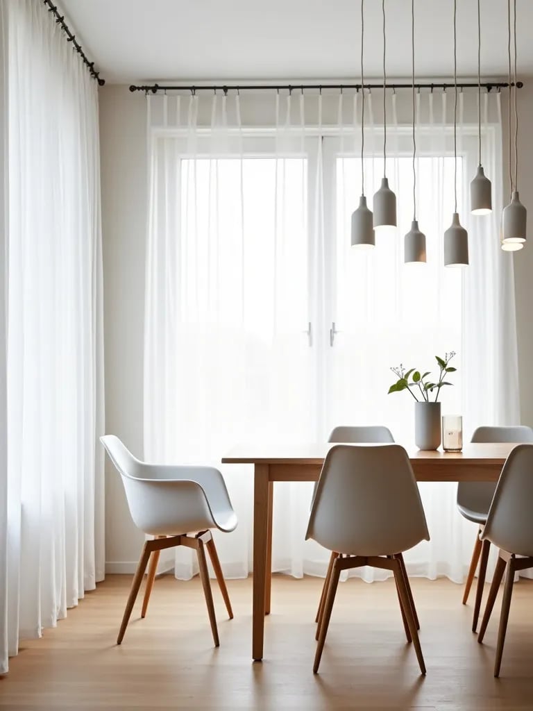 Scandinavian dining room with light wood table and white chairs