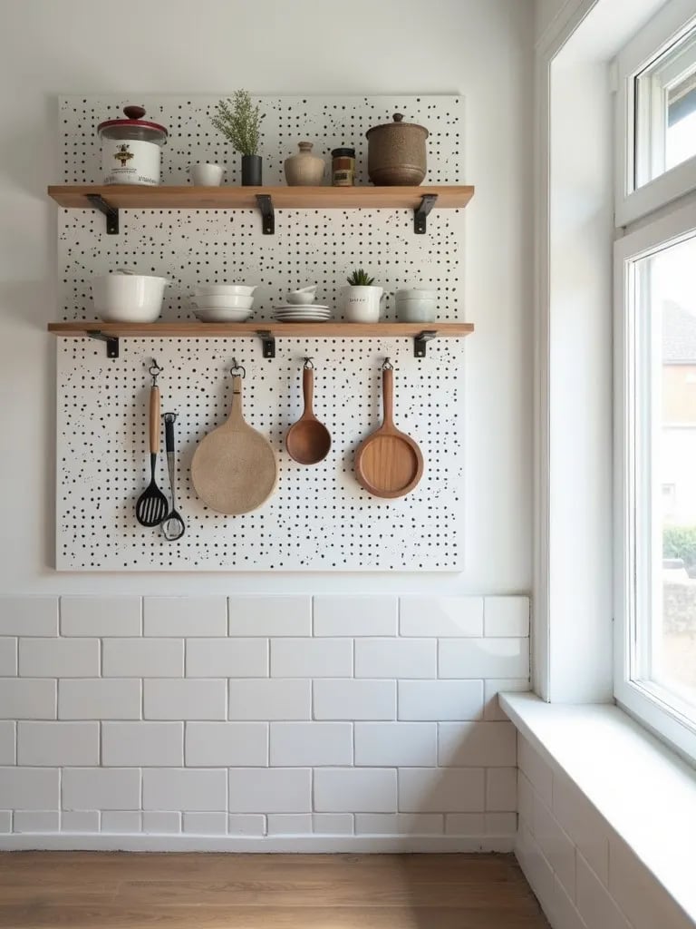 Scandinavian kitchen corner with floor to ceiling pegboard storage wall