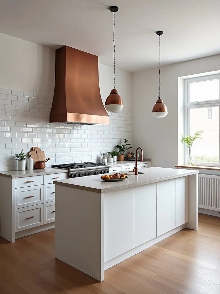 Scandinavian kitchen featuring central island with copper hood and pendant lights
