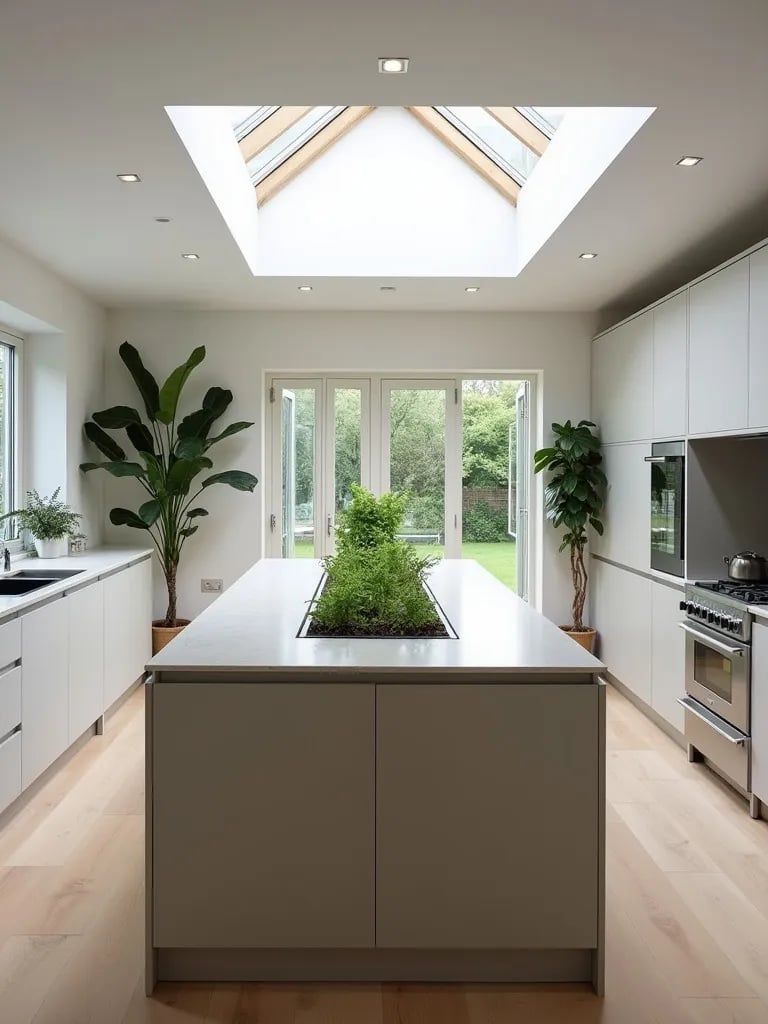 Scandinavian kitchen island with built in herb garden and skylights