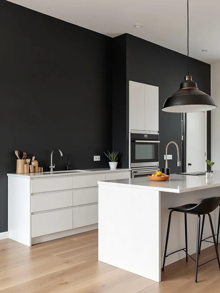 Scandinavian kitchen with black accent wall and industrial light fixture