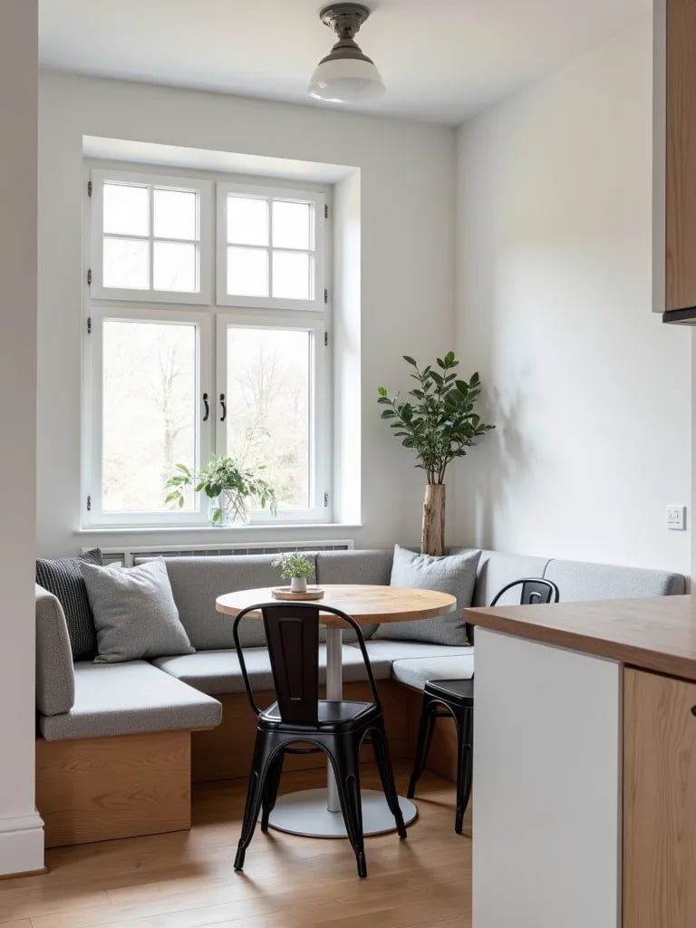 Scandinavian kitchen with built in banquette, wooden table, and black chairs