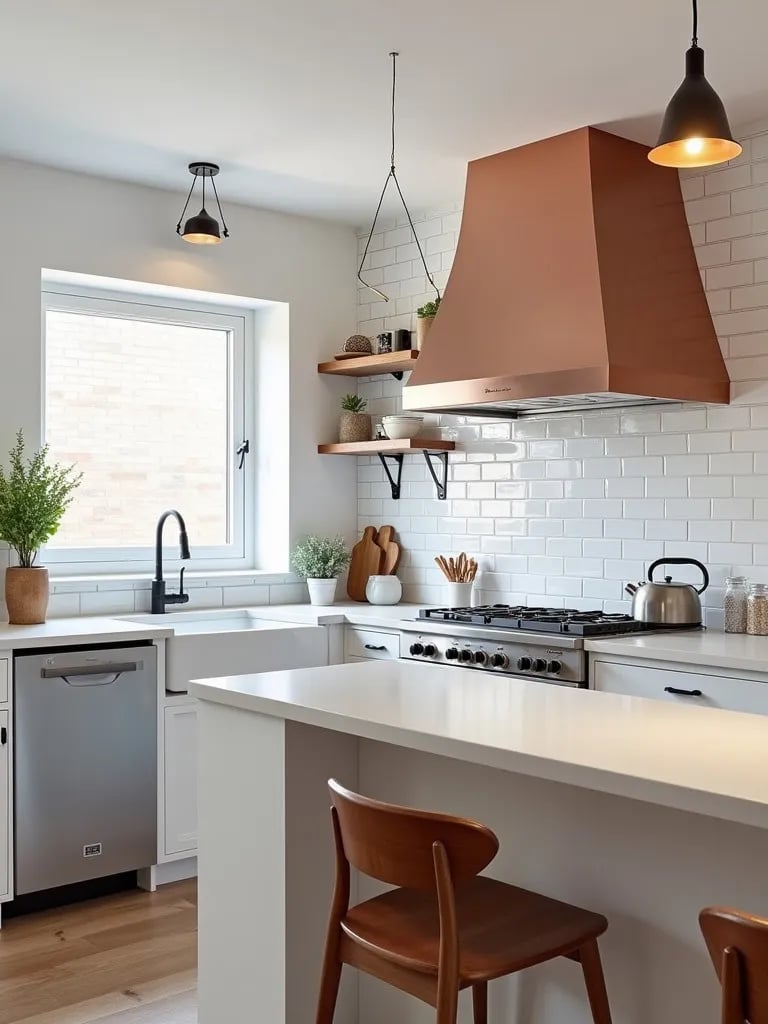 Scandinavian kitchen with central island and copper range hood